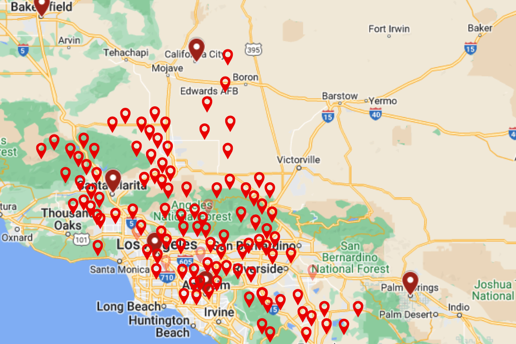 Map showing Dwan Elevator’s service locations across Southern California, with multiple pins covering Los Angeles, Orange County, Riverside, San Bernardino, Ventura, and surrounding areas.
