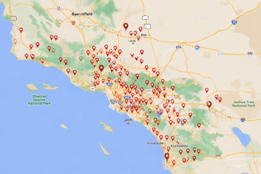 Map showing Dwan Elevator’s service locations across Southern California, with multiple pins covering Los Angeles, Orange County, Riverside, San Bernardino, Ventura, and surrounding areas.